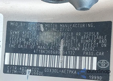 2008 Toyota Avalon Limited from USA, damaged, VIN 4T1BK36B68U254132